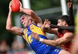 Jake Waterman marks. Despite the loss, Adam Simpson saw merit in the Eagles' performance. (Dave Hunt/AAP PHOTOS)